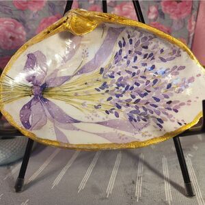 DECOUPAGE CLAM SHELL DECOUPAGE PURPLE FLOWERS WITH RIBBON TRINKET DISH